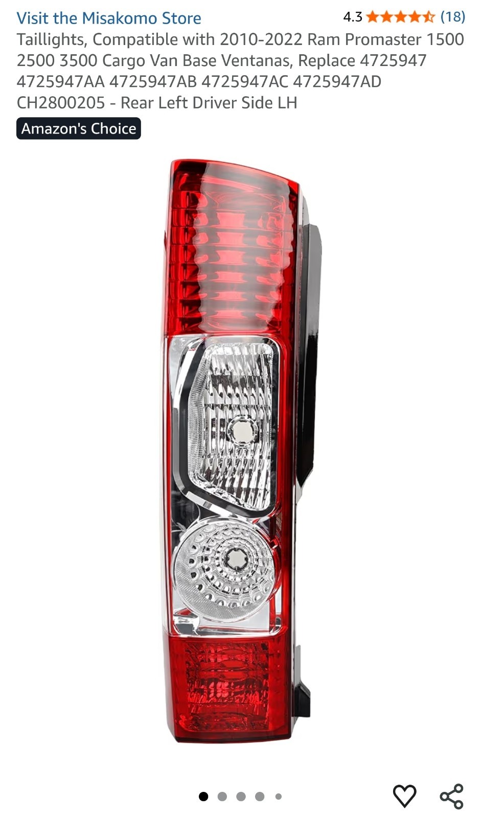 Misakomo Tail Light Rear Left Driver LH for 2010-2022 Ram Promaster 1500 2500