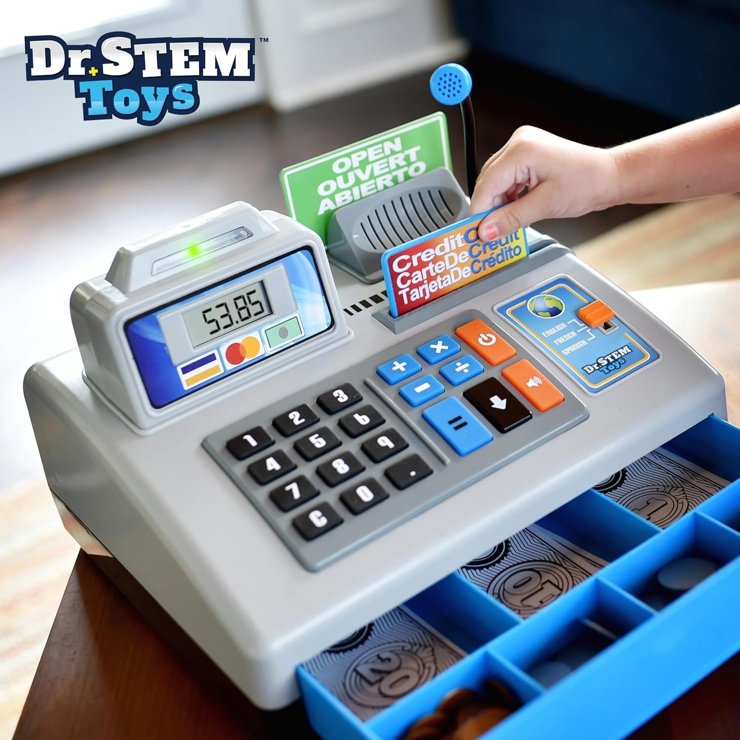 Dr. STEM Toys Talking Toy Cash Register Grey 3 Languages English Spanish French