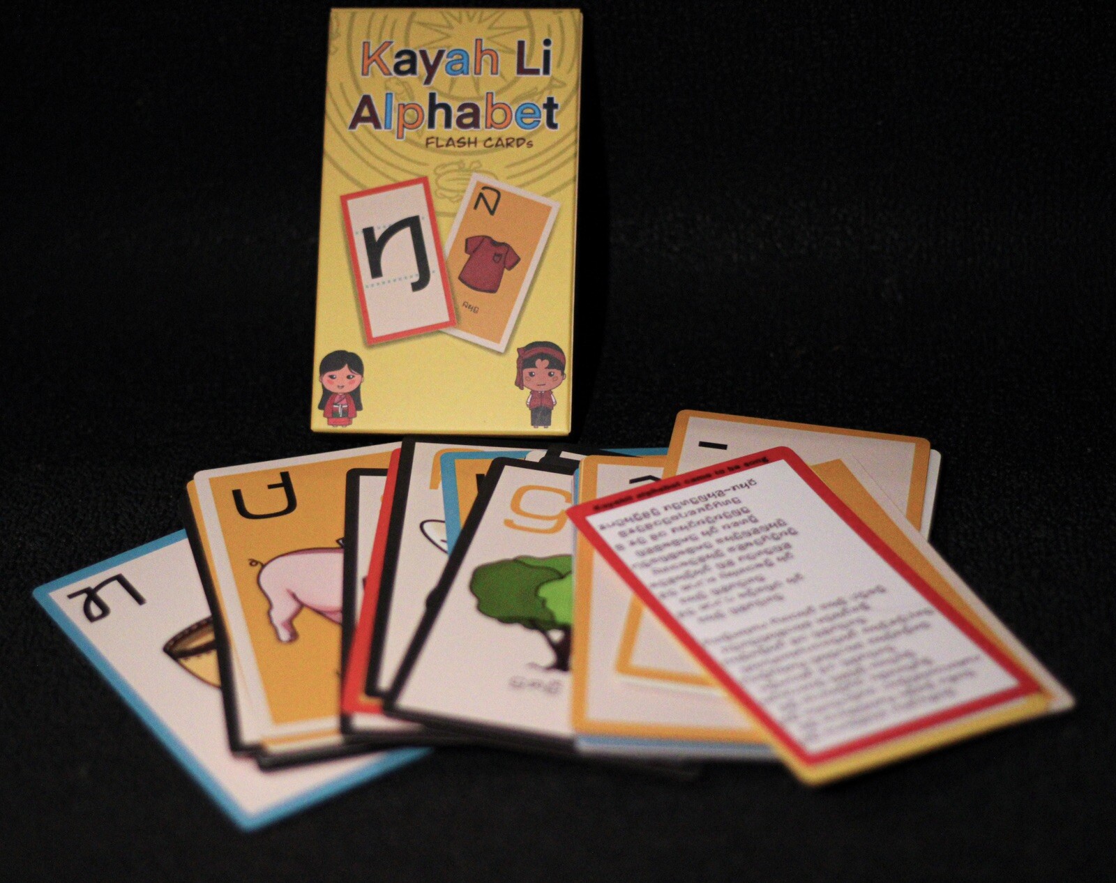 Karenni alphabet flash cards, pictures with names in kayah.