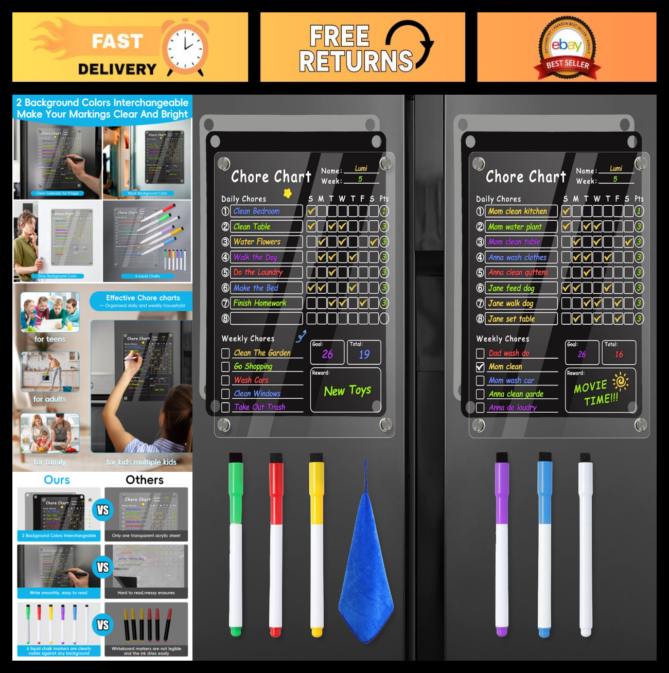 Acrylic Magnetic Chore Chart Set – 2 Pcs Dry Erase Reward Board for Kids & Teens