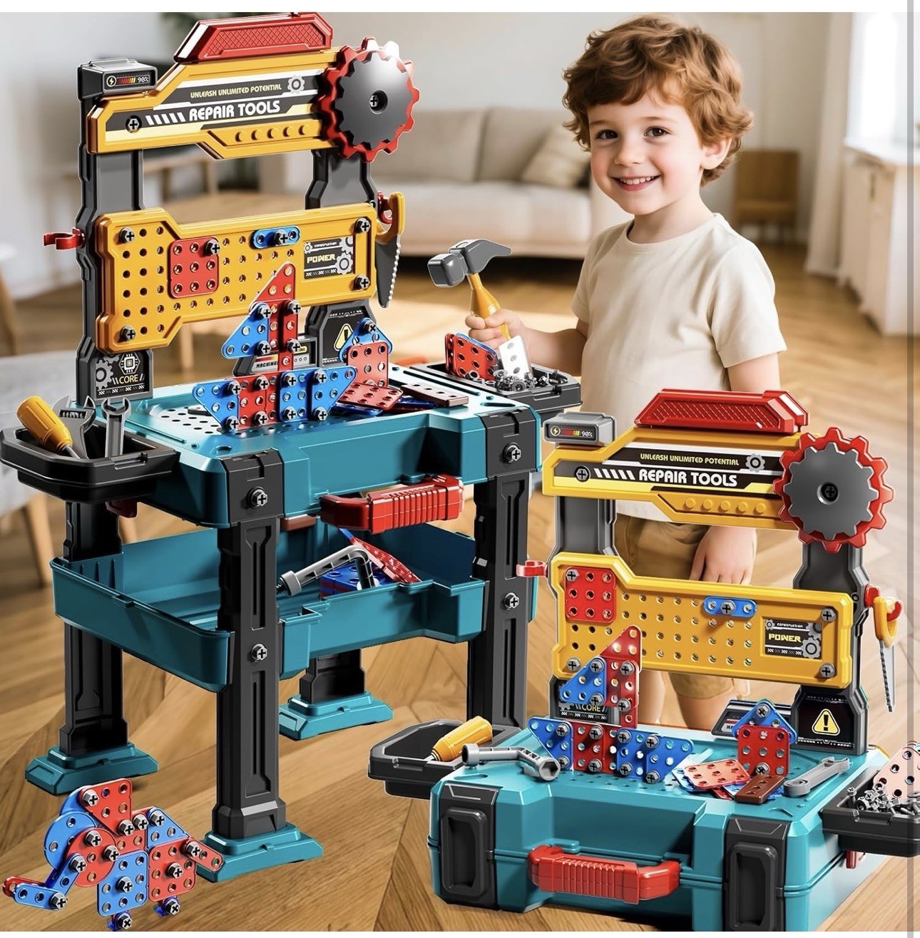 Kids Tool Set Workbench Toy – 2-in-1 Construction Playset for Ages 3-8