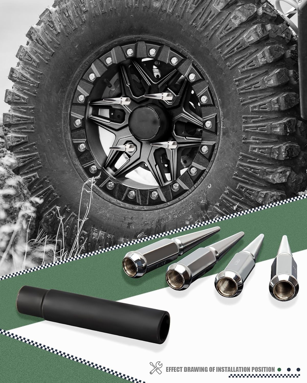 M14x1.5 Spike Lug Nuts Chevy Silverado 6 Lug 24pcs 4.4″ Tall Chrome Spiked Lug