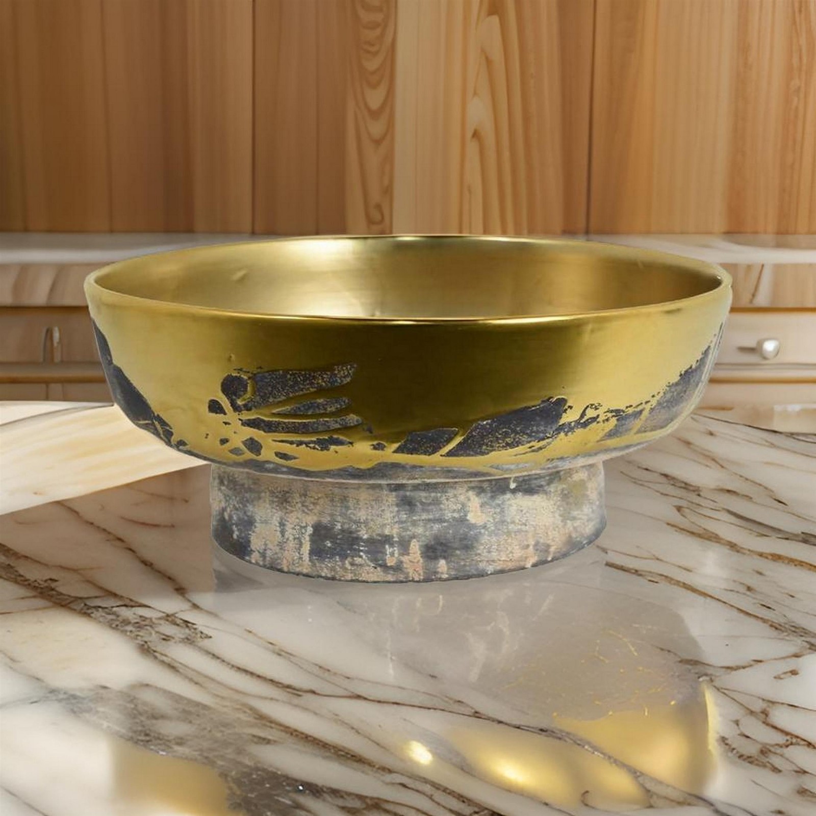 16 Inch Decorative Bowl- Distressed Gold Finish- Modern Aesthetic- Ceramic