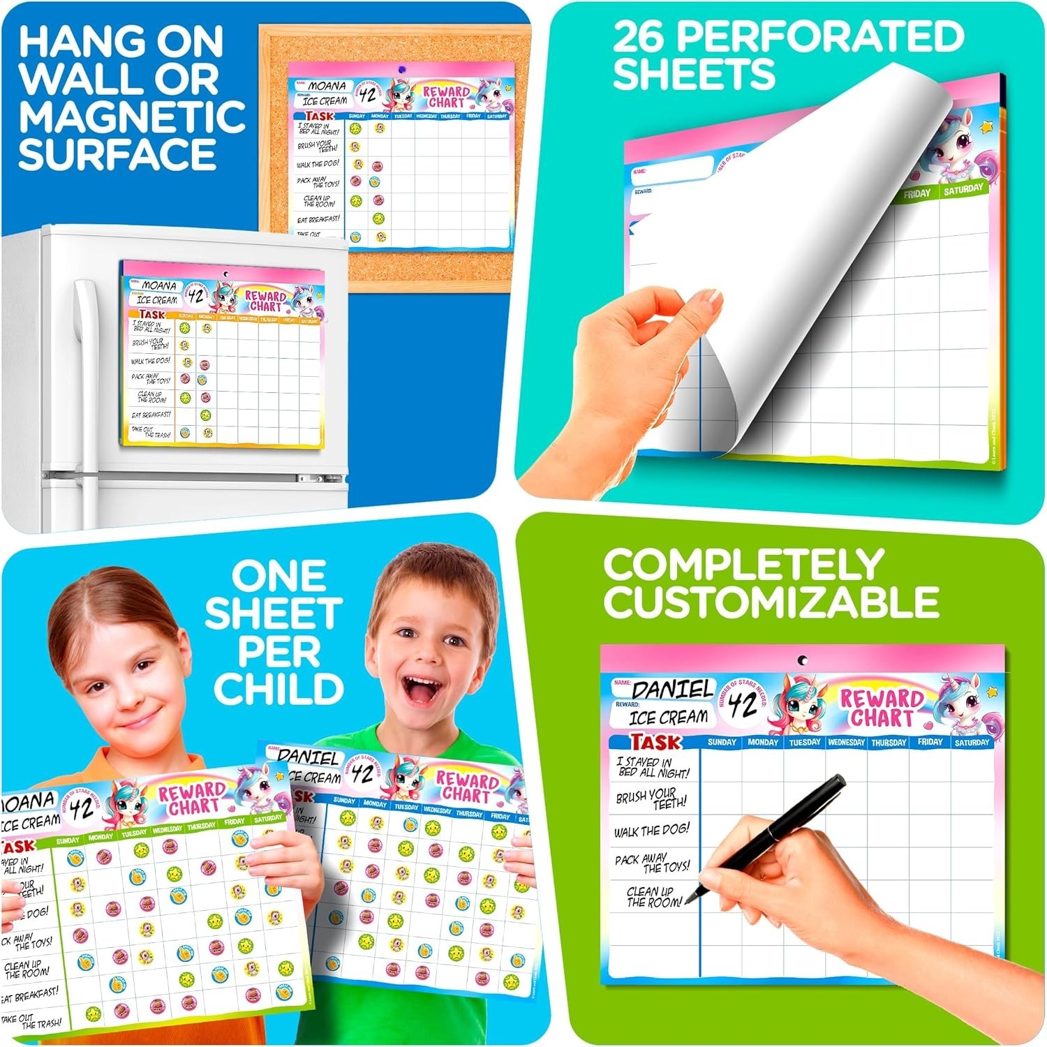 Magnetic Chore Chart Pad for Kids – 26 Unicorn Designs & 1400 Reward Stickers