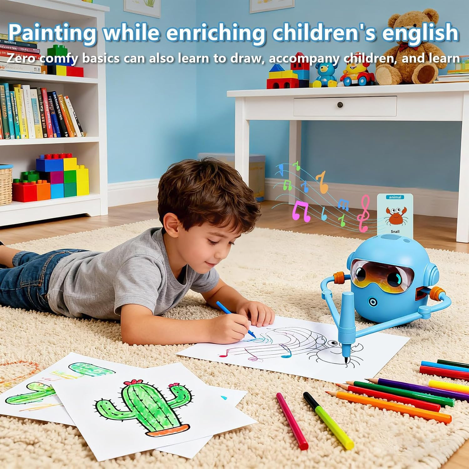 Drawing Robot for Kids | 100 Design Templates, 12 Color Pens, Voice-Guided Play,