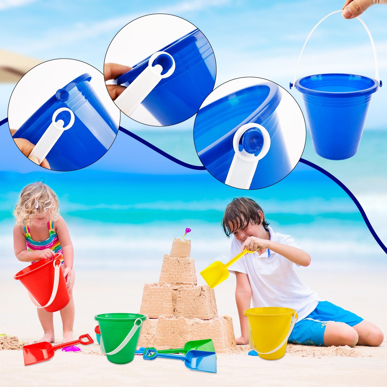 13.5 x 8 x 12 cm (buckets), 19 x 6 (shovels), Red, Blue, Yellow, Green