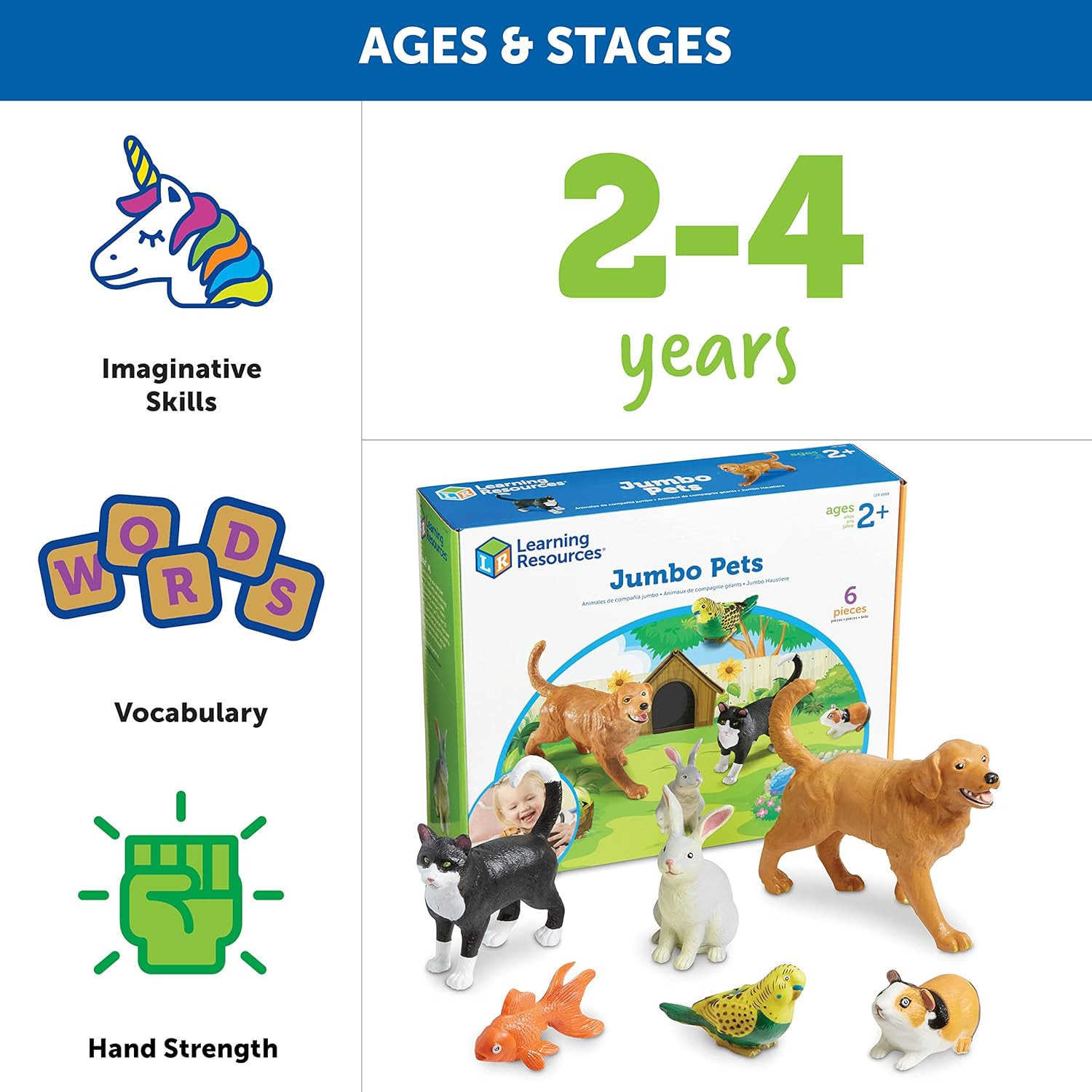 Jumbo Domestic Pets – 6 Pieces, Ages 2+ Preschool Pet Toys, Classroom Desk Pets,