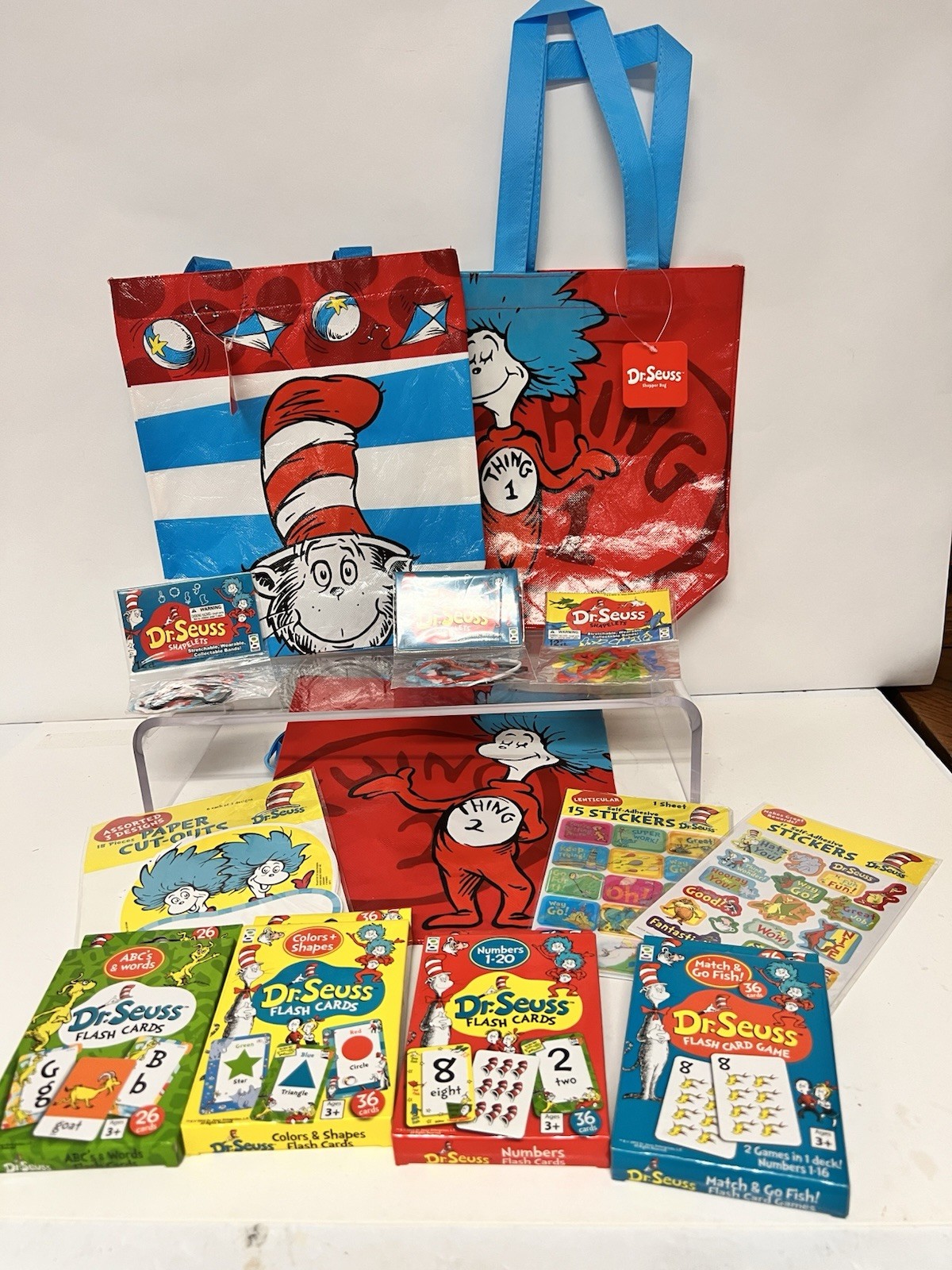 Dr Seuss Learning Bundle 3 Tote Bags Flash Cards ABC Numbers Stickers Classroom