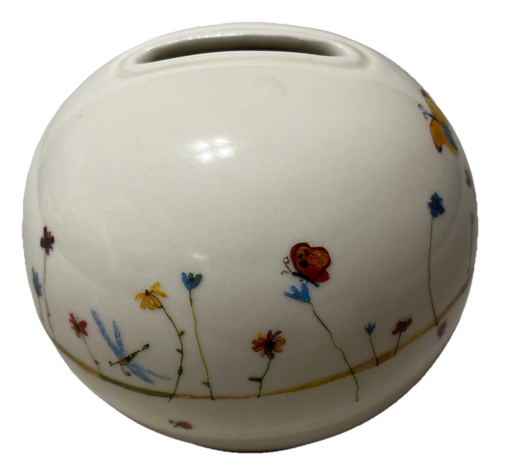 Butterfly Floral White Oval Ceramic Piggy Bank With Stopper Spring Decor