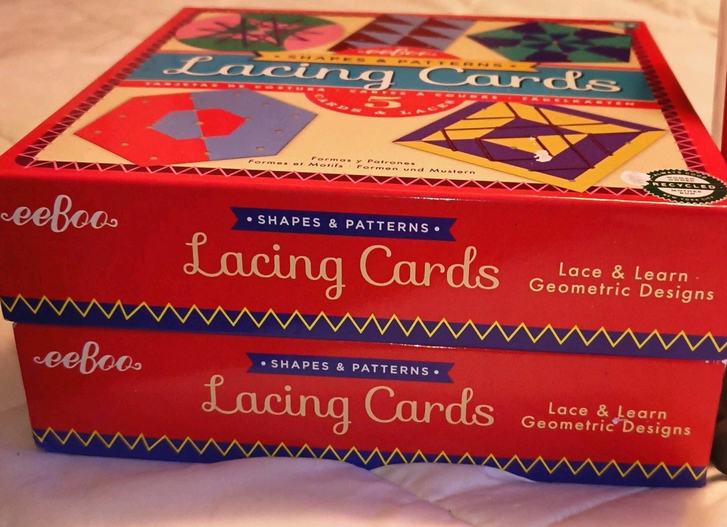 3 eeBoo Shapes & Patterns Lacing Cards Lace & Learn Geometric Designs Age 5+