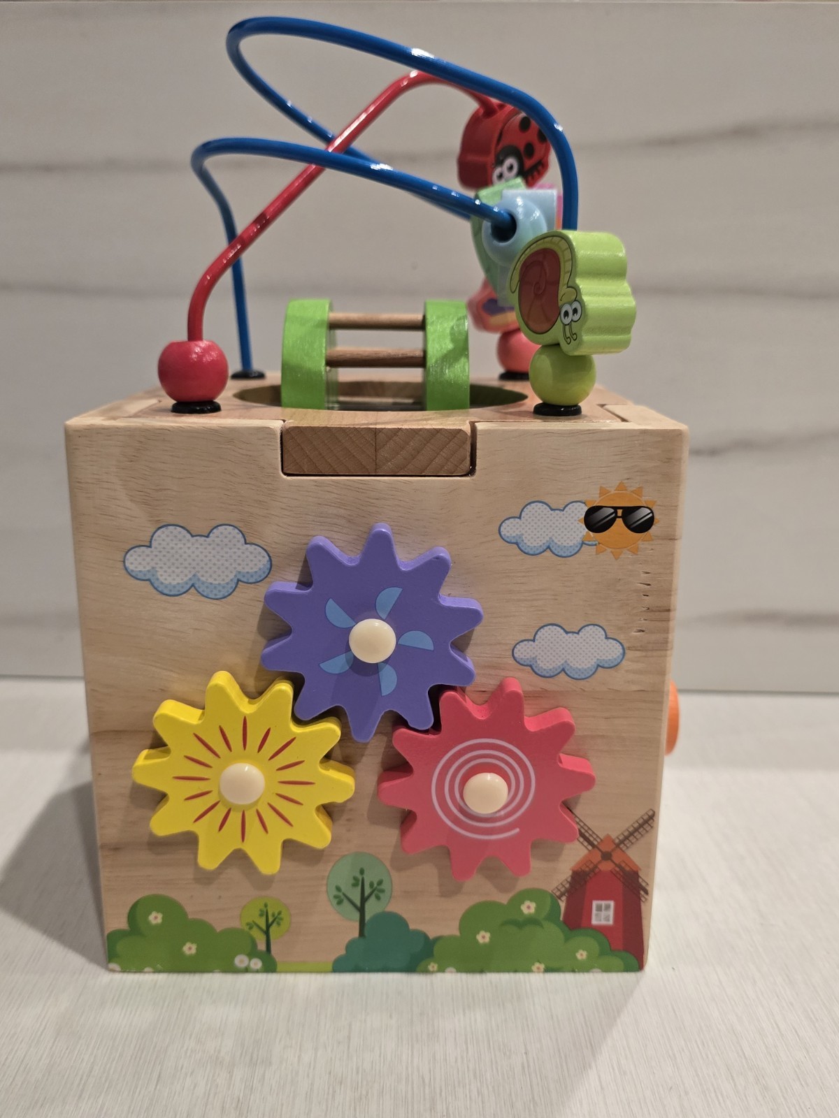 Wooden Activity Cube Toy w/ Bead Maze & Shape Sorter, Animals, Multicolor