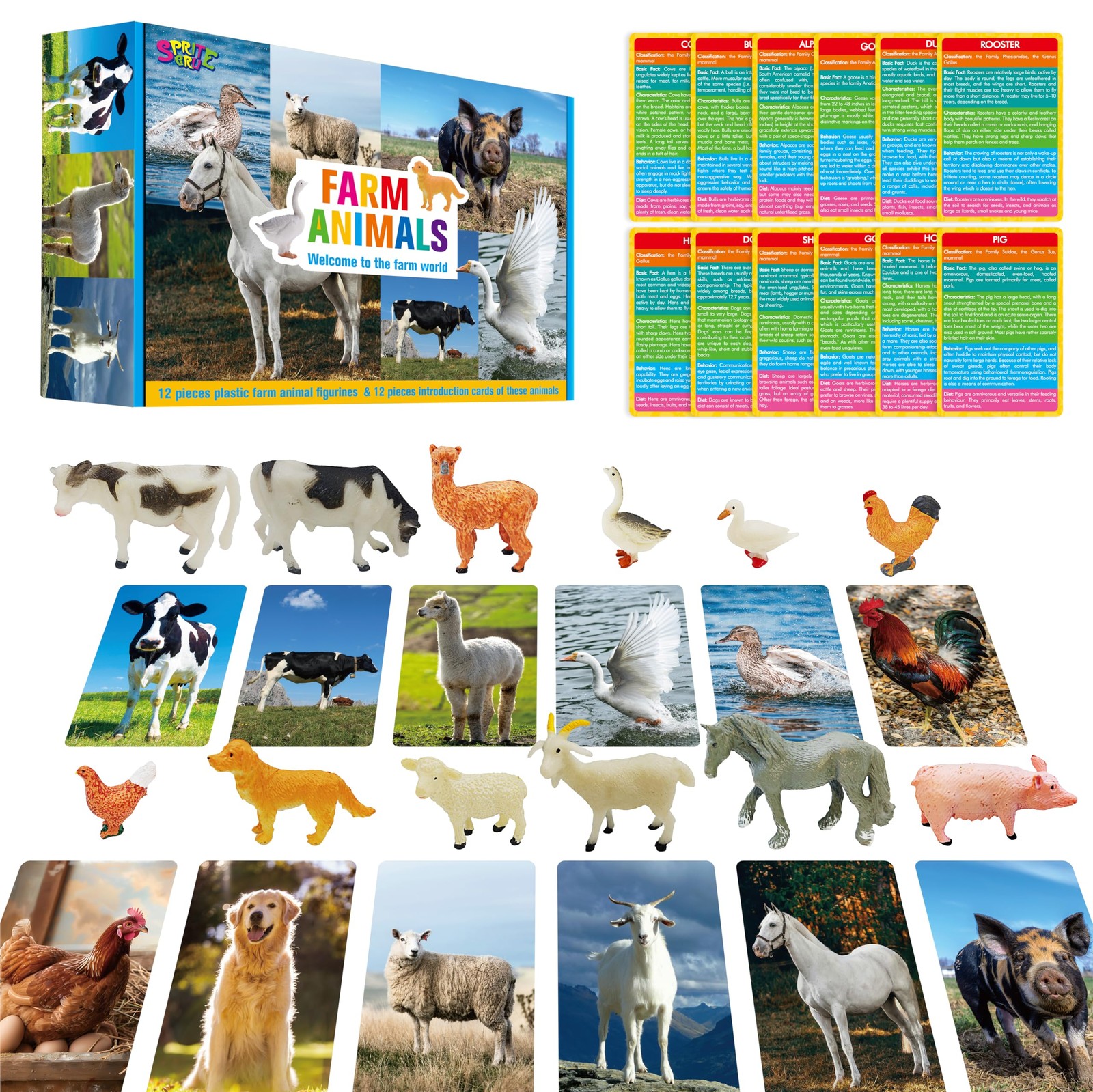 12 PCS Farm Animal Figurines with 12 Introducing Flashcards, Realistic Farm A…