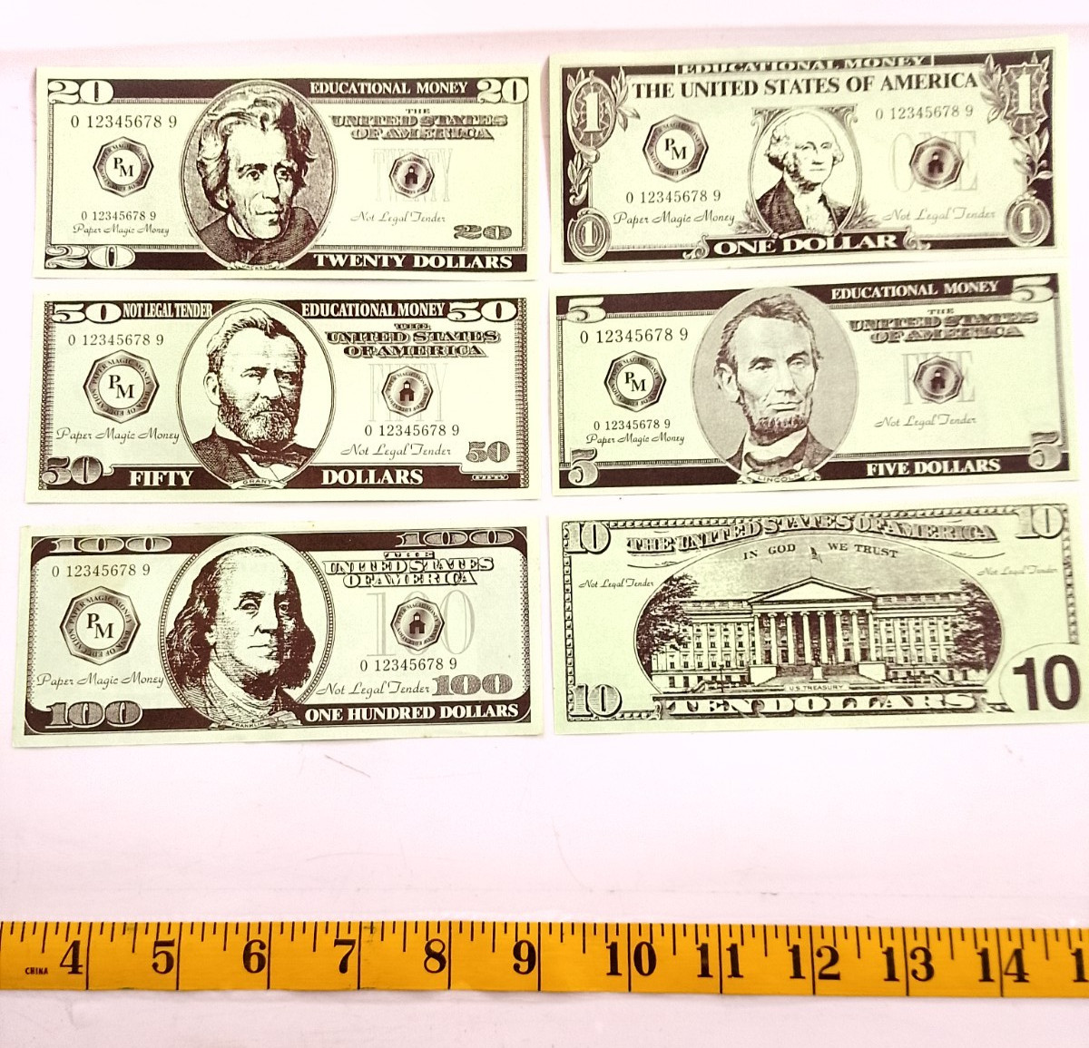Various dollar bills educational money for teaching