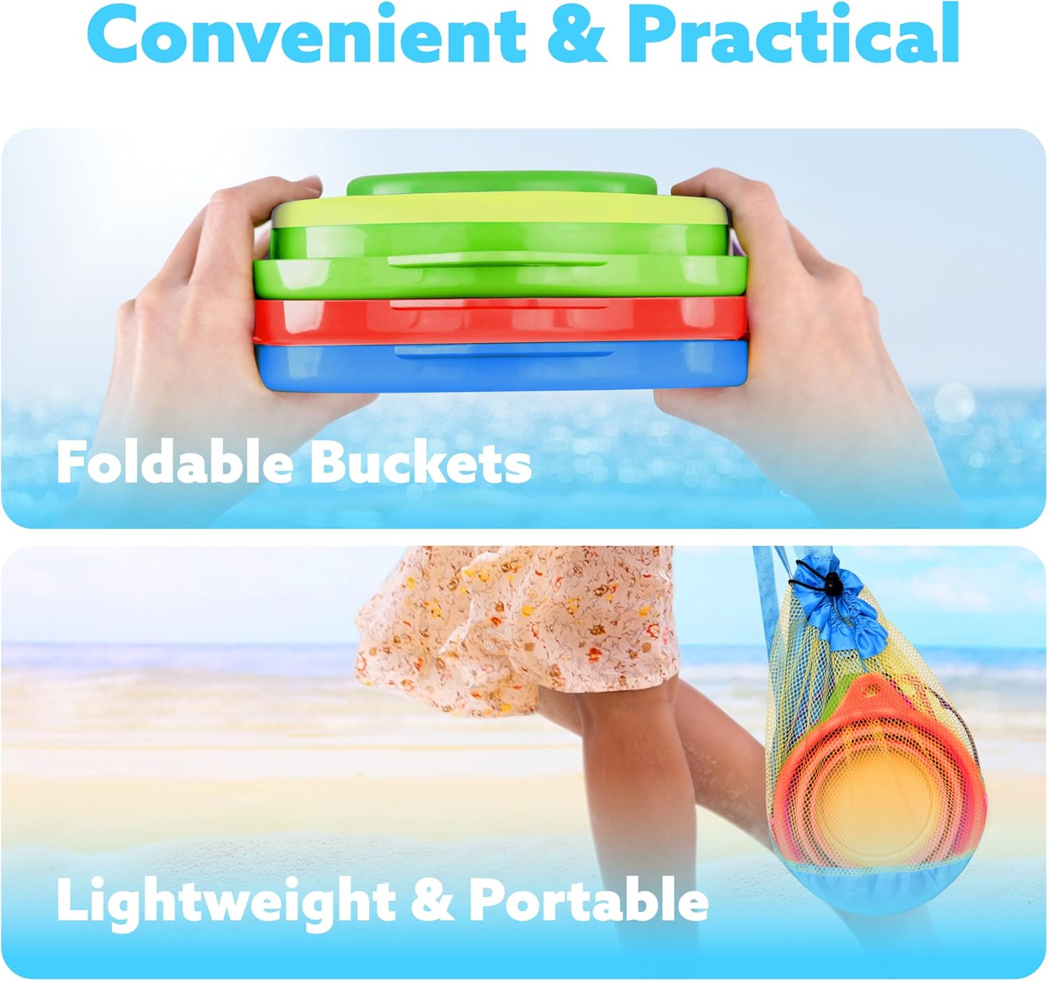 3 Packs Foldable Pail Bucket with Shovels & Mesh Bag, Collapsible Buckets Multi