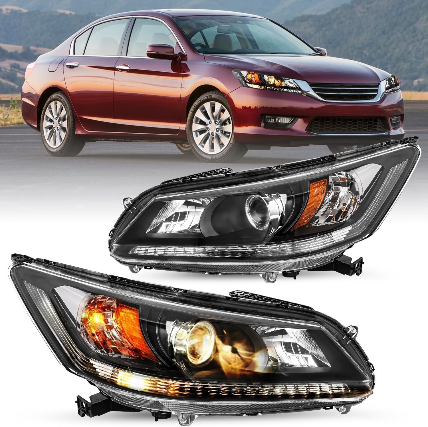 13-15 Honda Accord Sedan Headlight Assembly Pair Black Projector Housing & Amber
