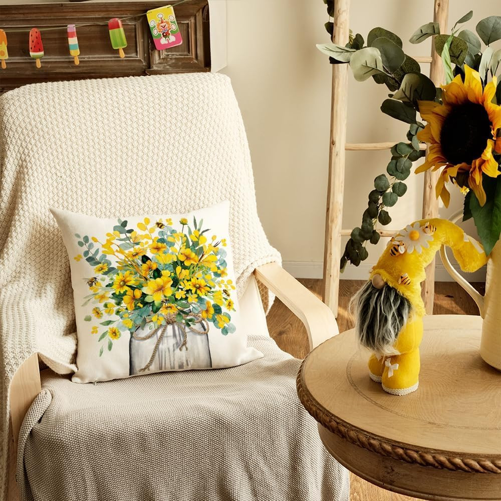 Spring Pillow Cover 18×18 Inch Eucalyptus Flowers Decor Vase Bee Farmhouse Summe