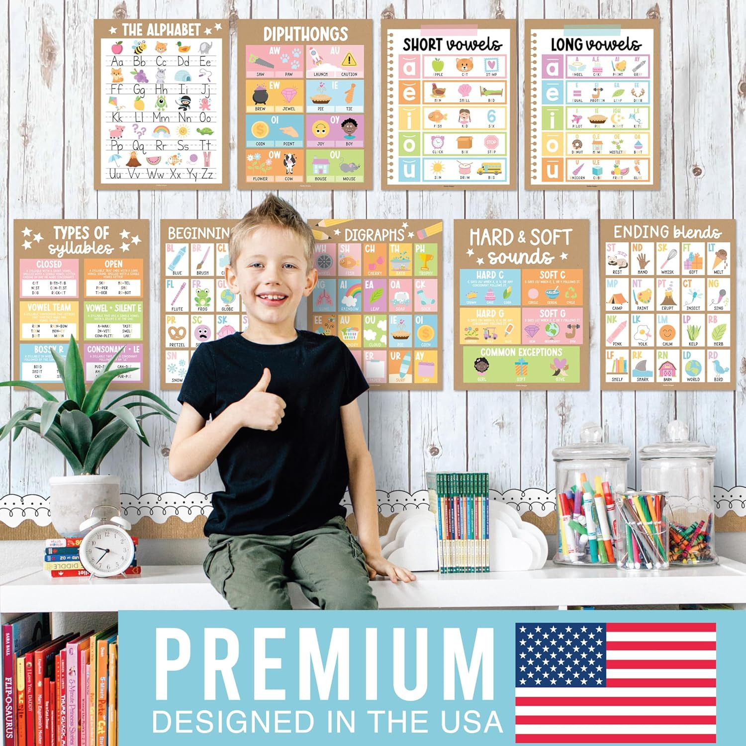Phonics Posters for Classroom Must Haves – 9 Sound Wall for Kindergarten & Eleme