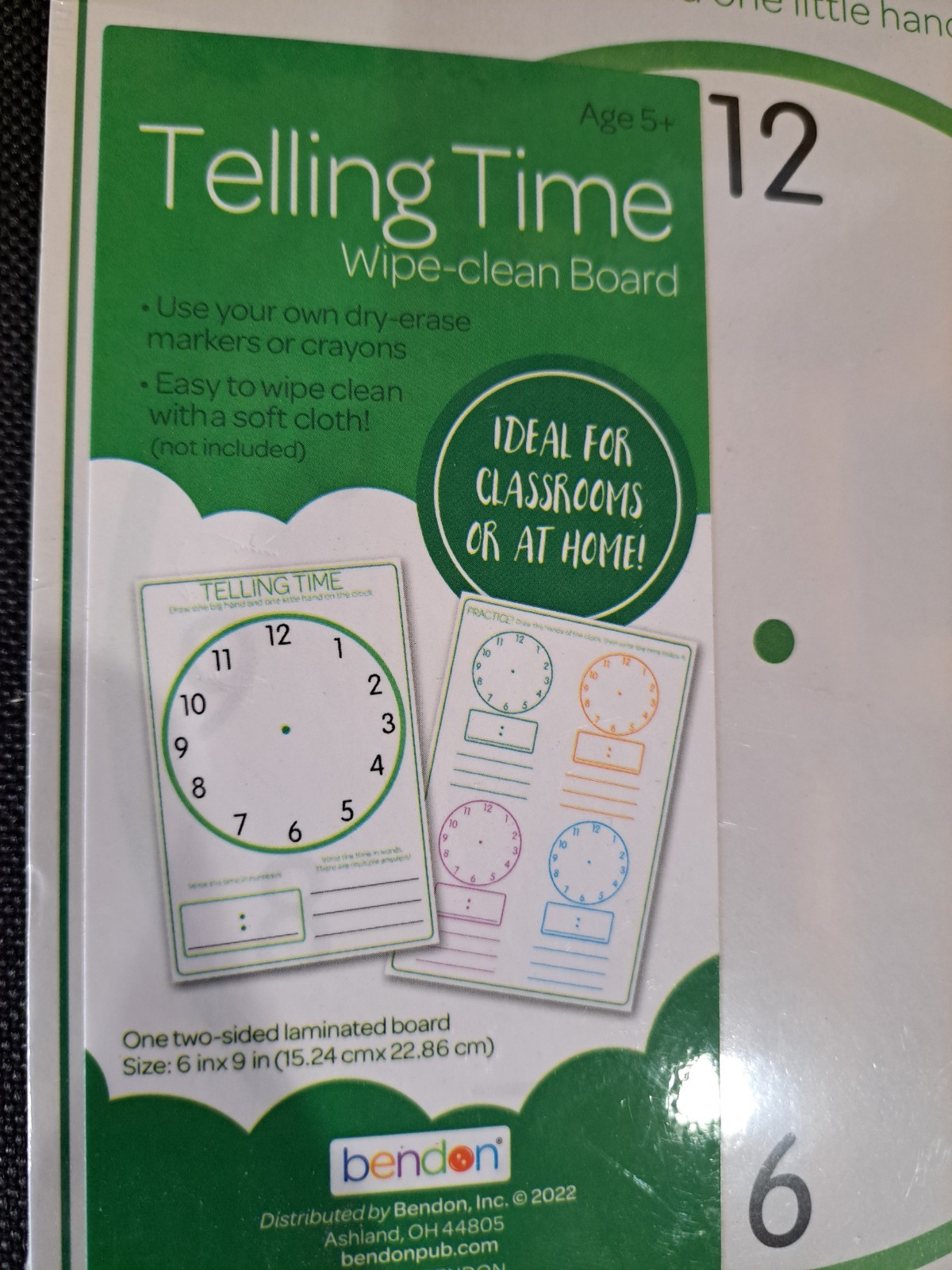 Bendon Telling Time dry erase board, 2 Sided, 6inch.x 9inch.- NEW