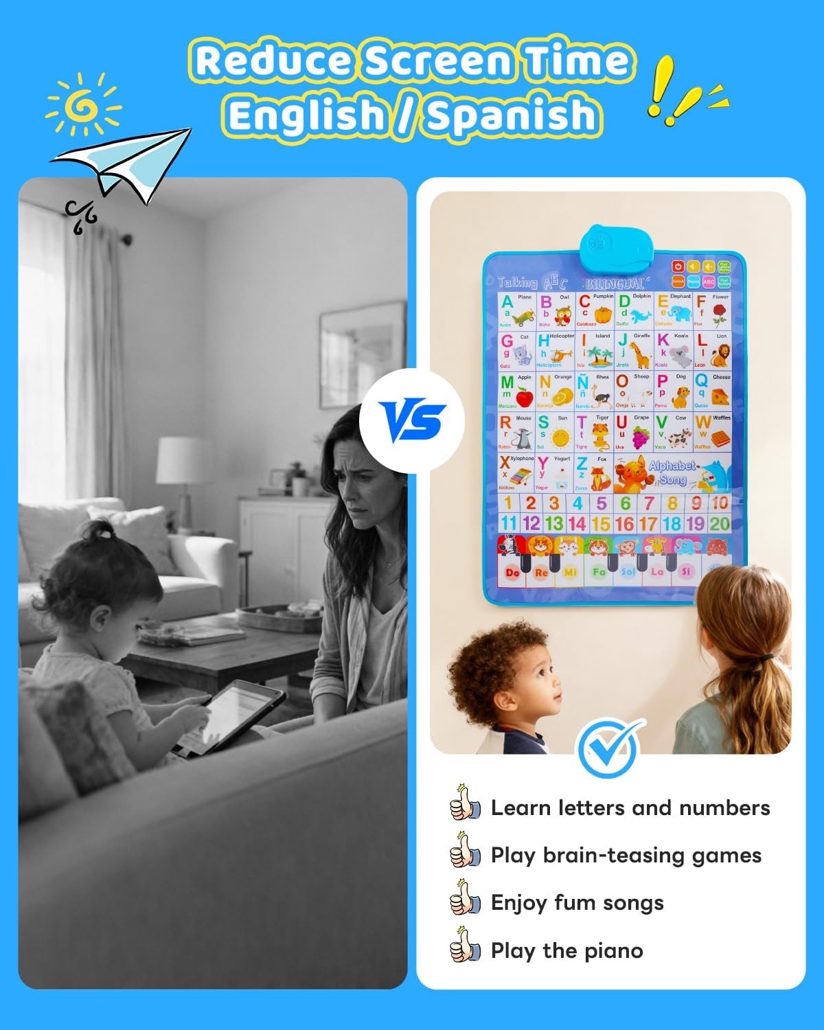 Spanish Alphabet Talking Wall Chart Toddlers 1-6 ABC 123 Interactive Music Quiz