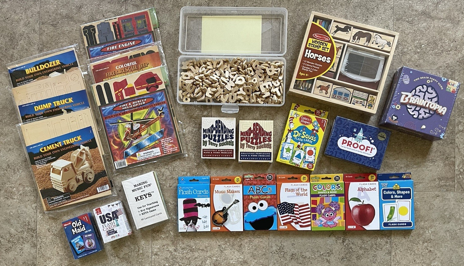 BIG CHILDREN’S LOT: Flash Cards PUZZLES Truck/Stamp Kits GAMES Wood Letters NEW!
