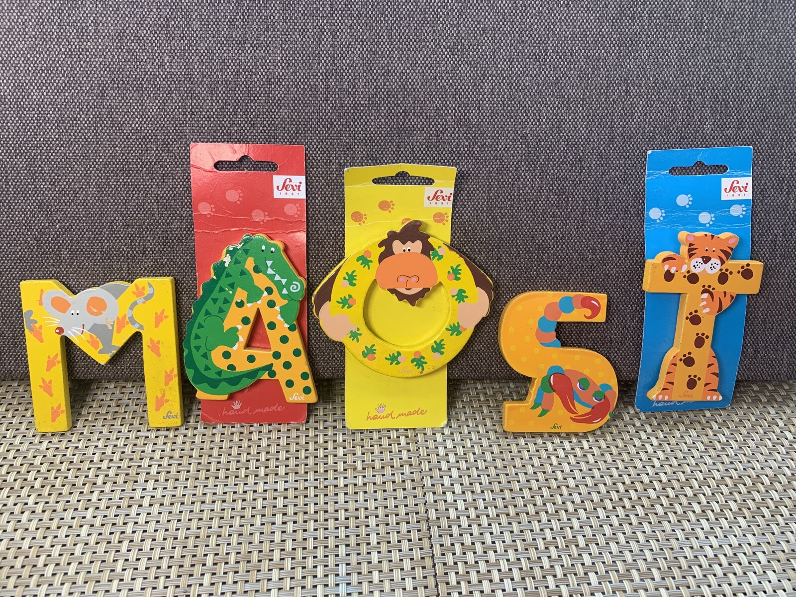 5 Sevi Hand Painted Wood Alphabet Letters VTG Letters A O T M S See Pics