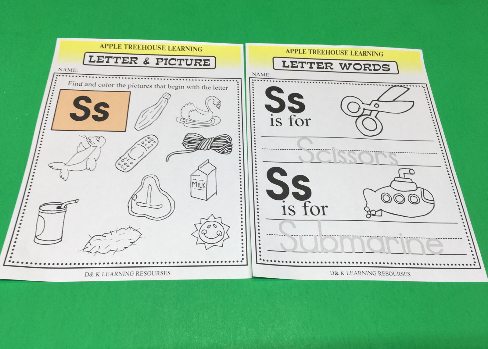 Letter Ss – Apple Treehouse Worksheets – Preschool Teaching supplies 20pgs