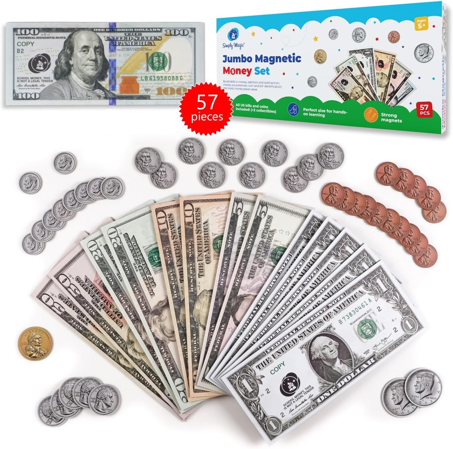 Jumbo Magnetic Play Money Set 57 PCS Educational Toy for Kids Classroom Learning