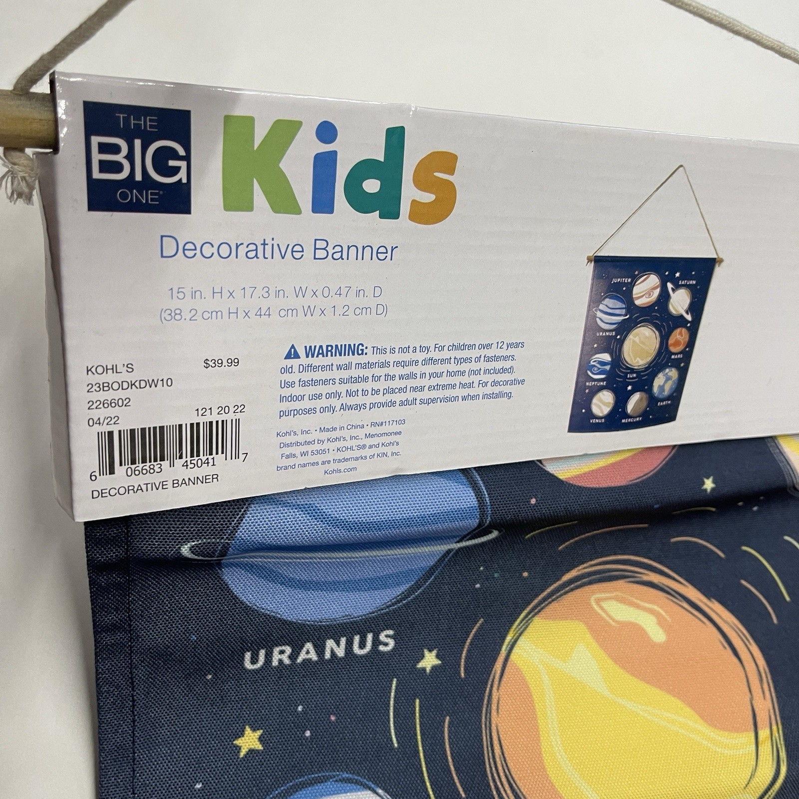 Kohls Science Planets Decorative Banner, 15x17x.47” Blue Banner Rope Hanging