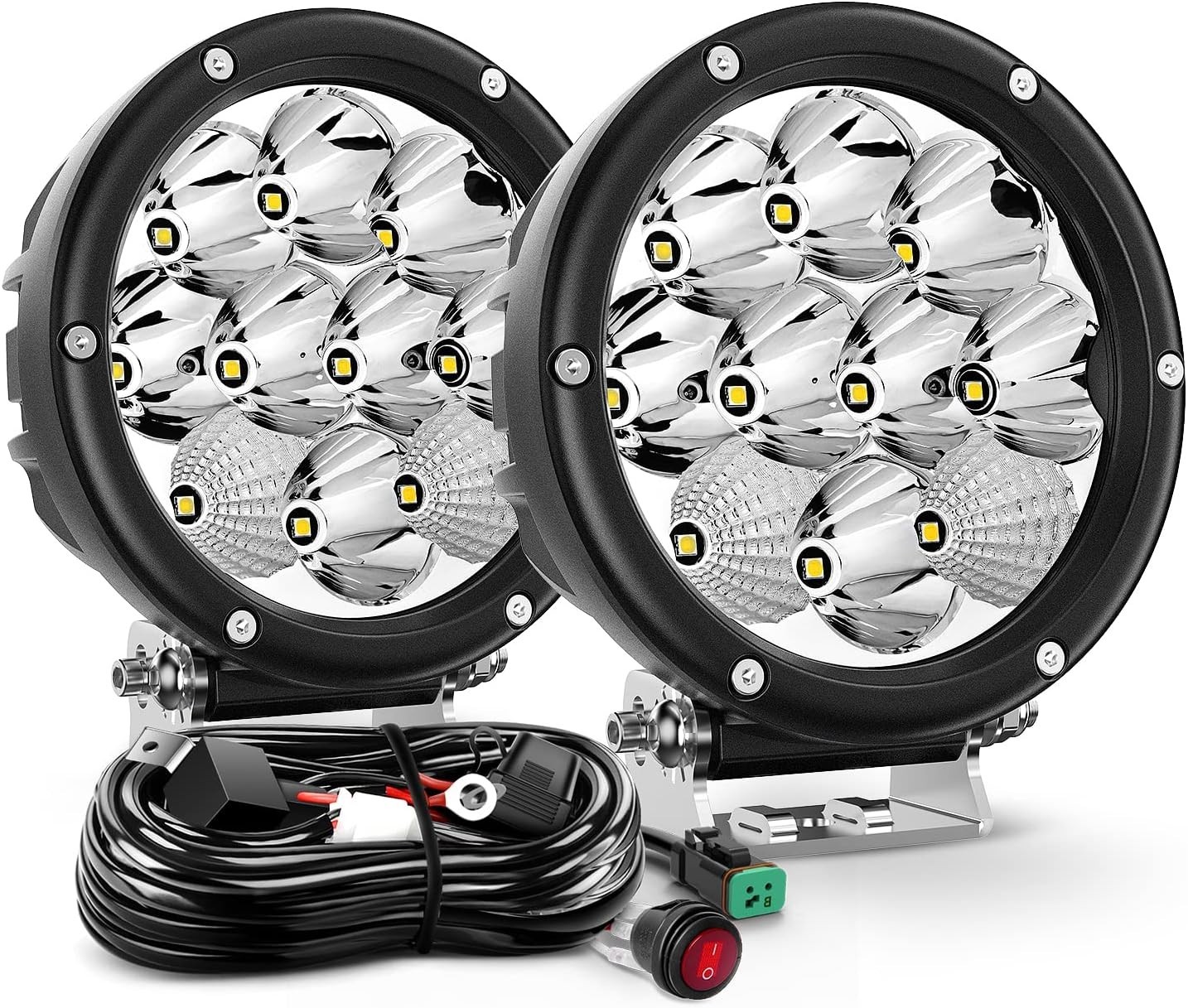 5.7 Inch Round 50W LED Driving Light w/ 16AWG DT Connector Wiring Harness 6500LM