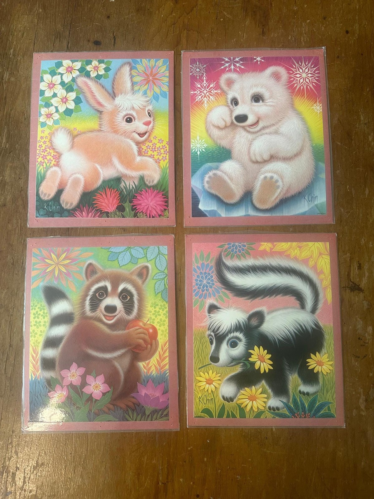 Vintage K. Chin, Animal Prints, 1970s, Nursery Art, Set of 4, Assorted