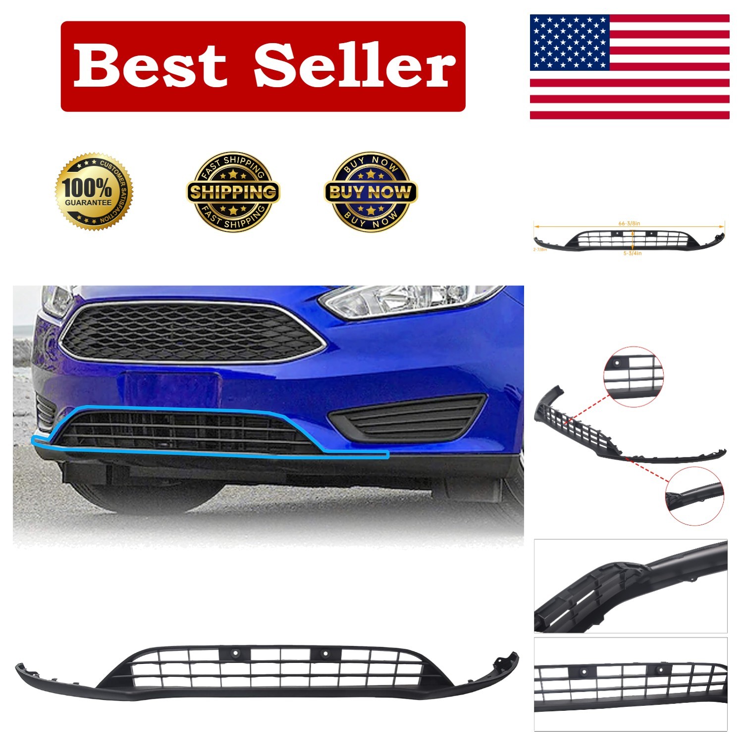 Front Bumper Valance Lower Grill Compatible with 2015-2018 Ford Focus W/O