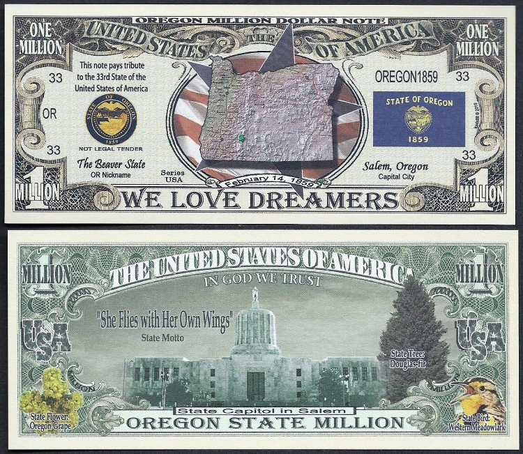 Lot of 100 BILLS – OREGON STATE MILLION DOLLAR w MAP, SEAL, FLAG, CAPITOL