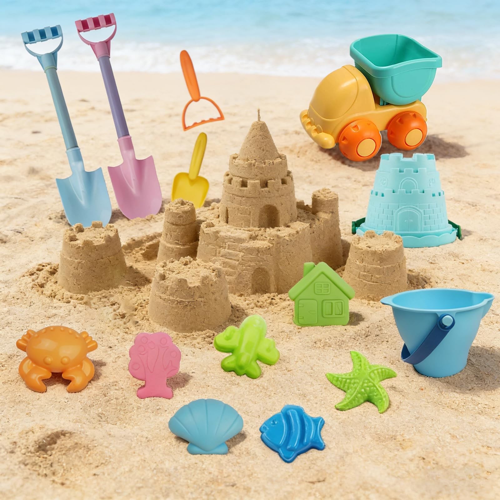 IOKUKI Long Shovels Sand Toys Set with Mesh Bag Including Small, Multicolor