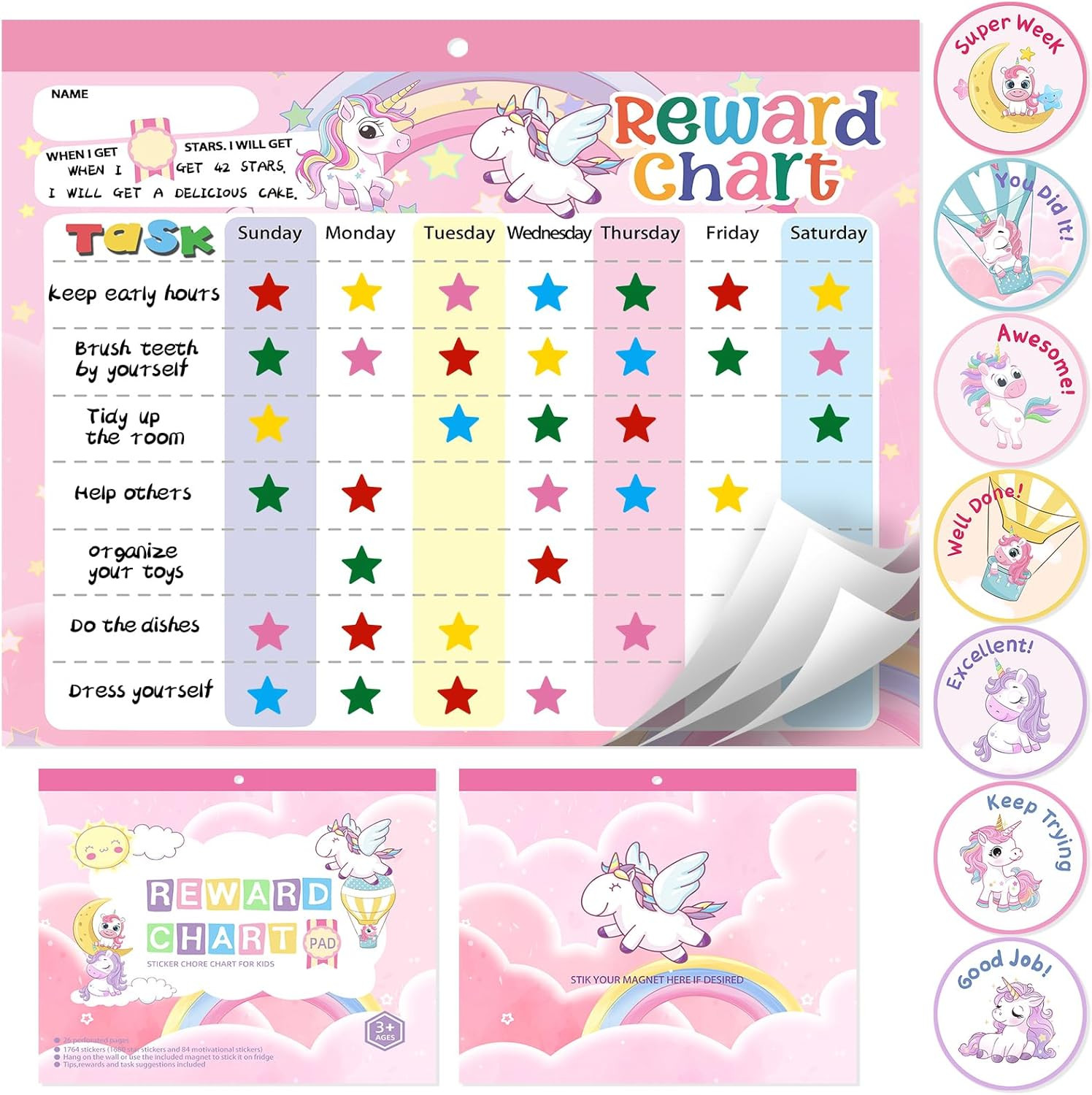 Magnetic Reward Chart for Kids at Home, Behavior Chart Pad with 26 Chore Charts,