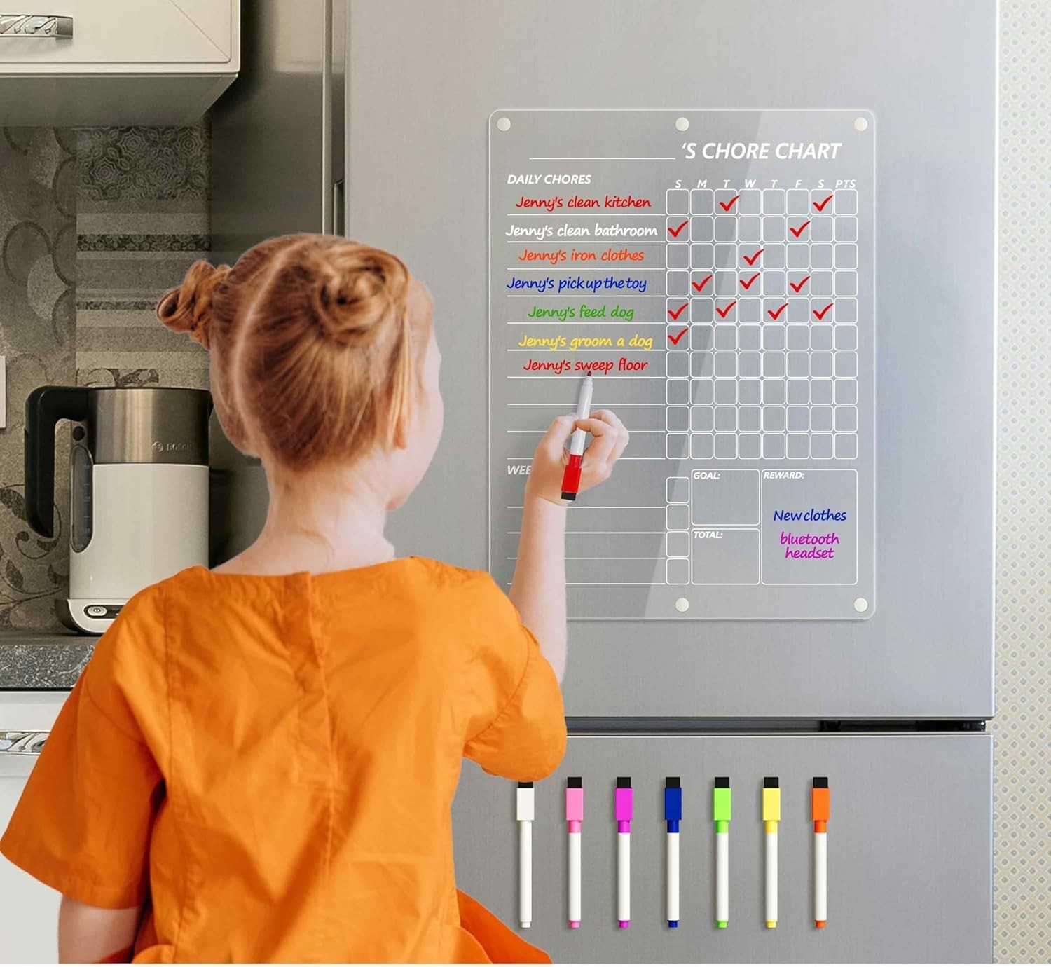 Engaging Chore Chart with 8 Color Markers – Acrylic Magnetic Whiteboard 15″x11″