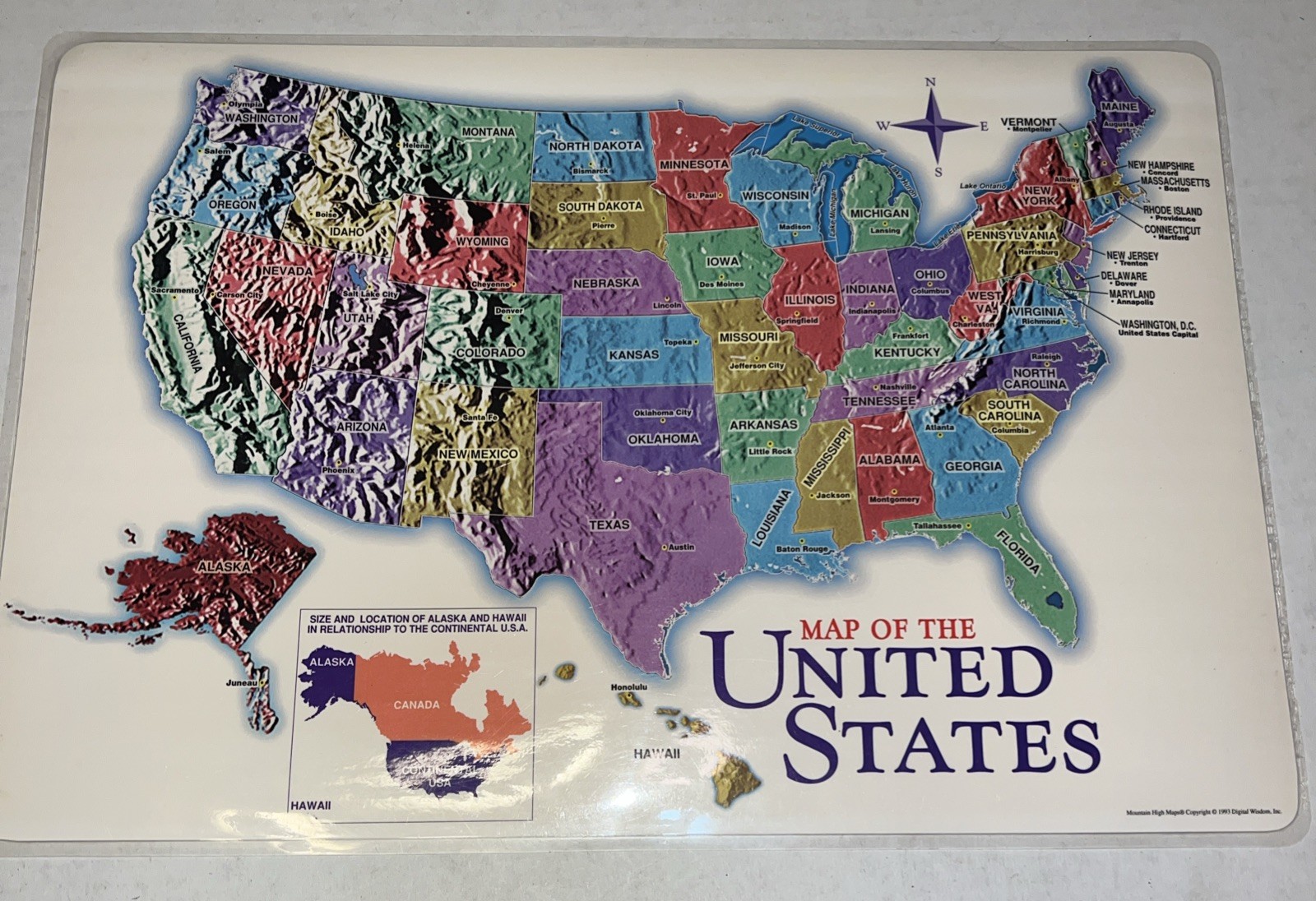Educational Placemat by Digital Wisdom- 1993- Map Of The United States