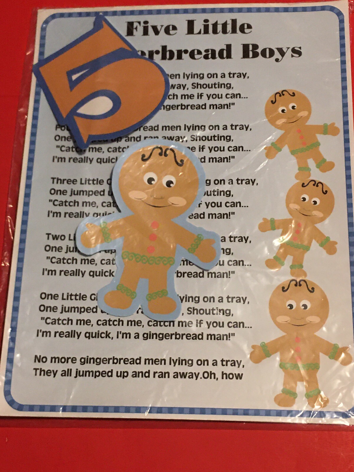 FIVE LITTLE GINGERBREAD MEN – LAMINATED – FLANNEL FELT STORY and PIECES
