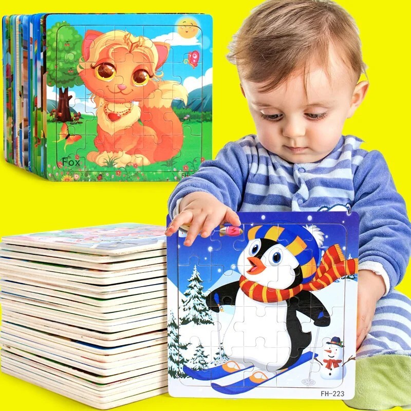 Wooden 3D Montessori Jigsaw Puzzles Toddlers, Educational Cartoon Learning Toys