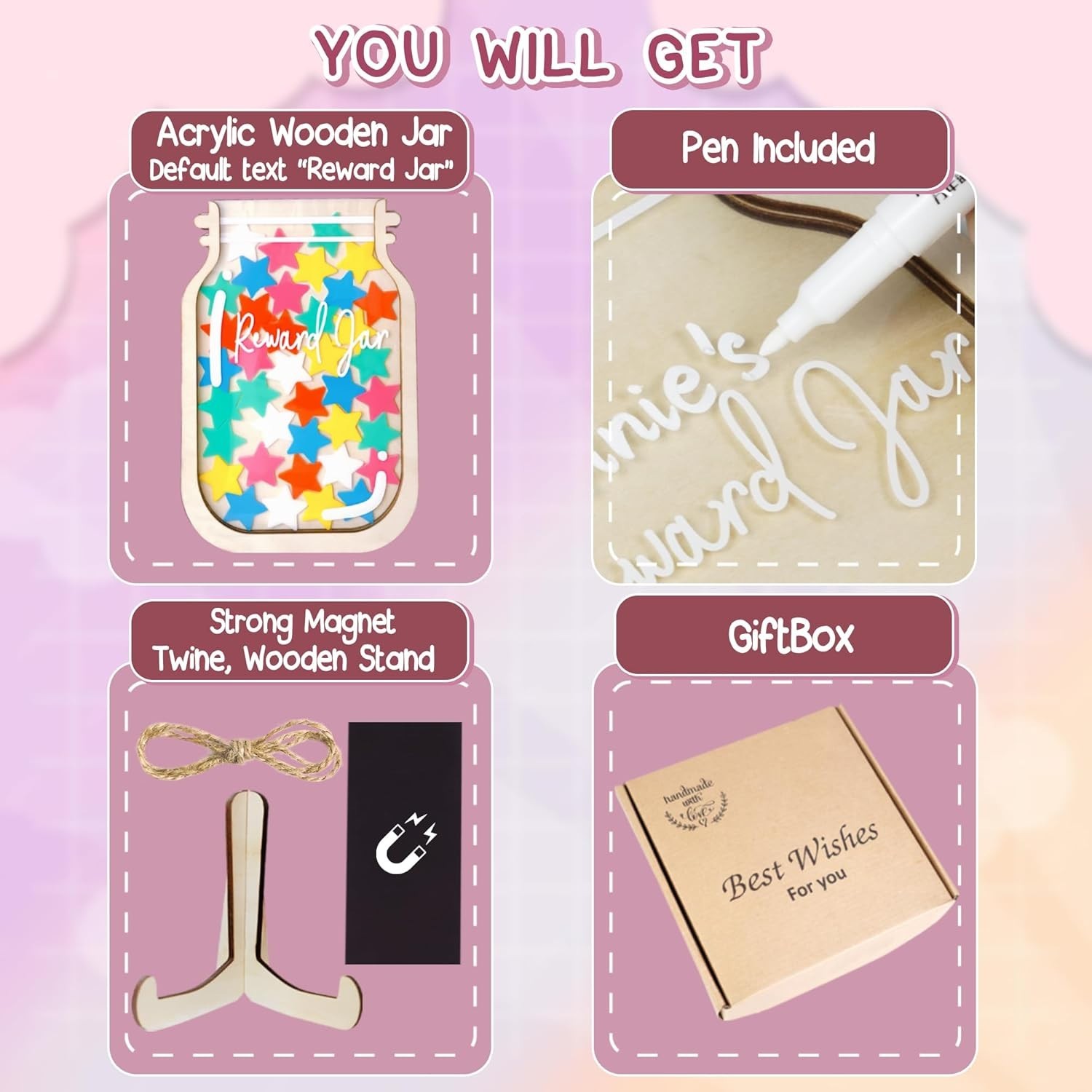 11″ DIY Name 65 Tokens Star Magnetic Reward Jar with Bookmark Gift for Classroom