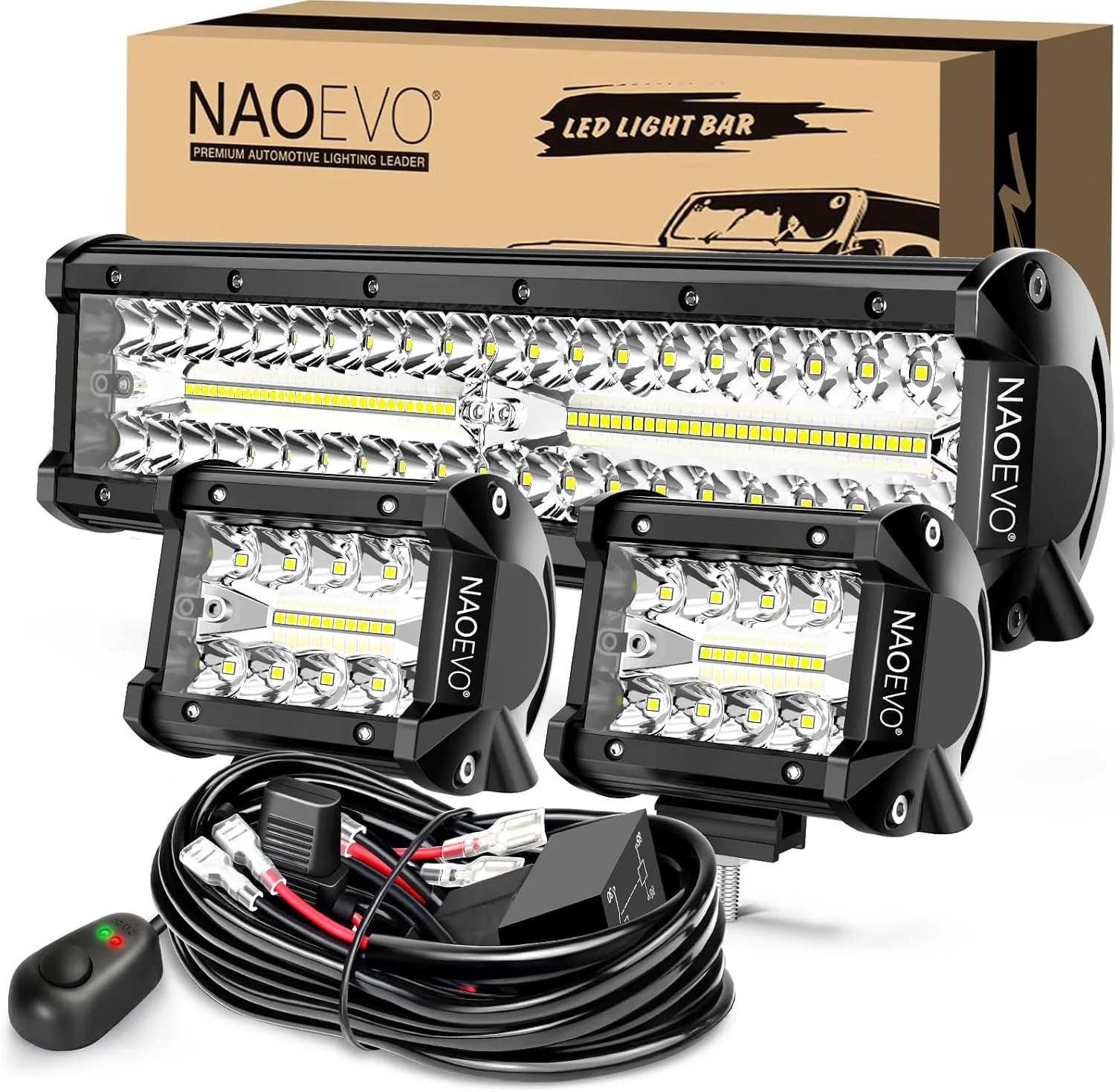 NAOEVO 12Inch LED Light Bar and 2PCS 4Inch LED Pod Lights, 420W 42000LM LED Fog/