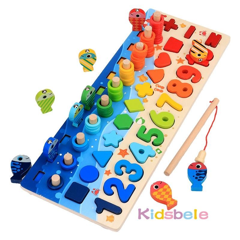 Kids Montessori Maths Wooden Puzzles Toddlers Counting Shapes Sorting Board