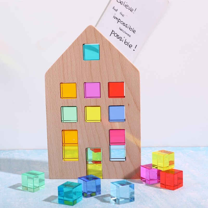 Dutch wooden houses with acrylic cubes, sensory toy set