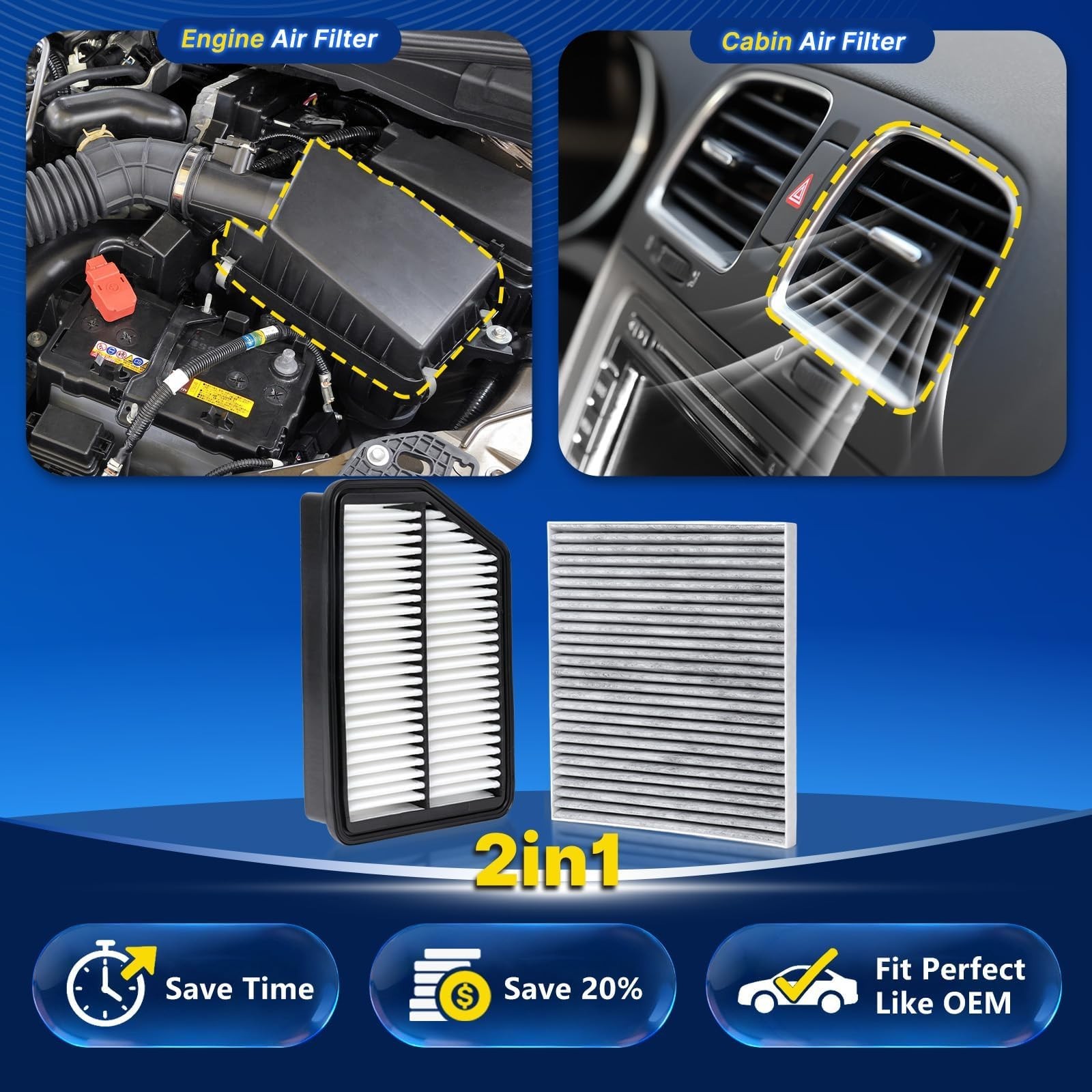 Cabin Engine Air Filter Kit for Rondo (2014-2017 2.0L), Forte (2014-2016 1.8L…