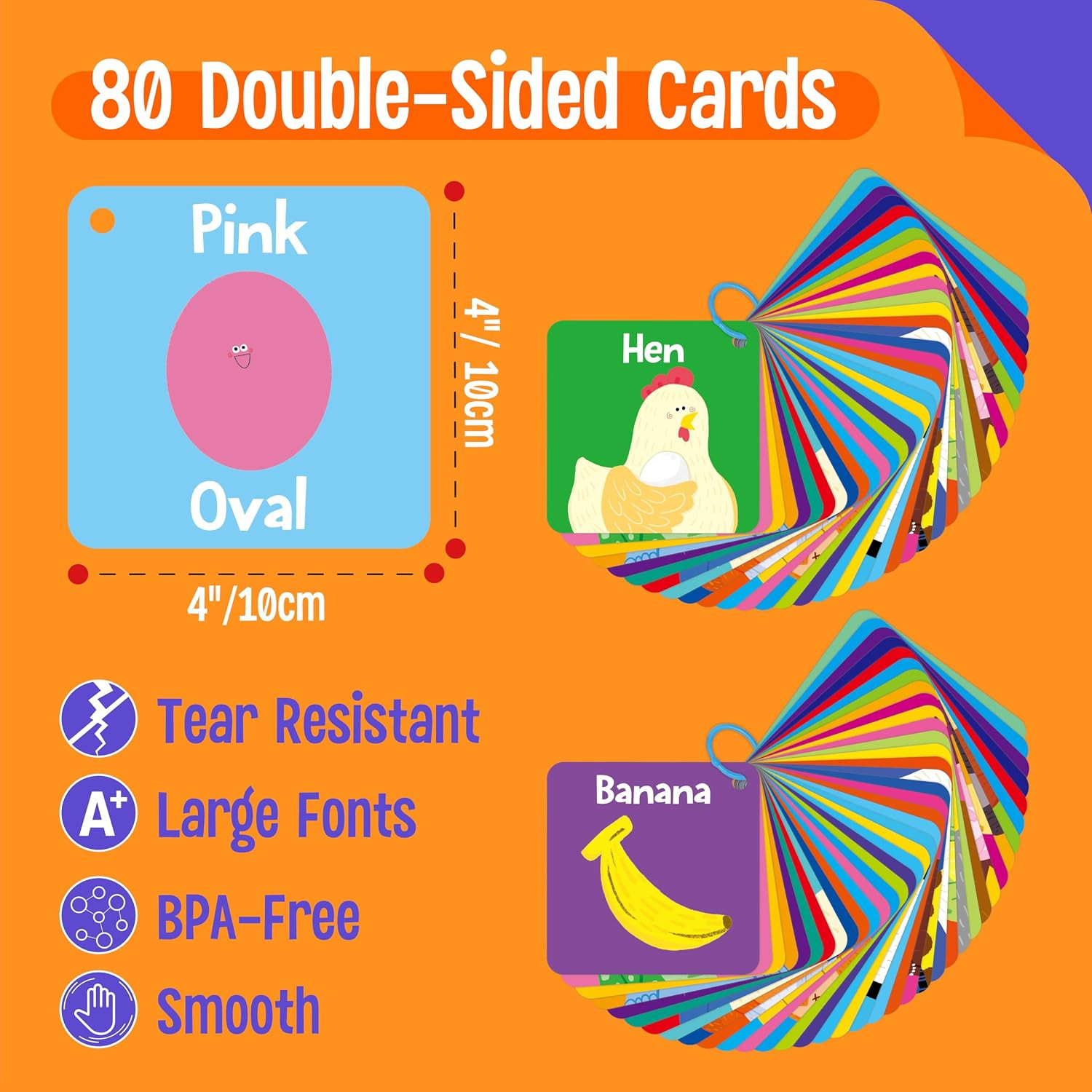 80 PCS Word Flashcards, Double Sided First Word Cards- Alphabet, Numbers, Foods,
