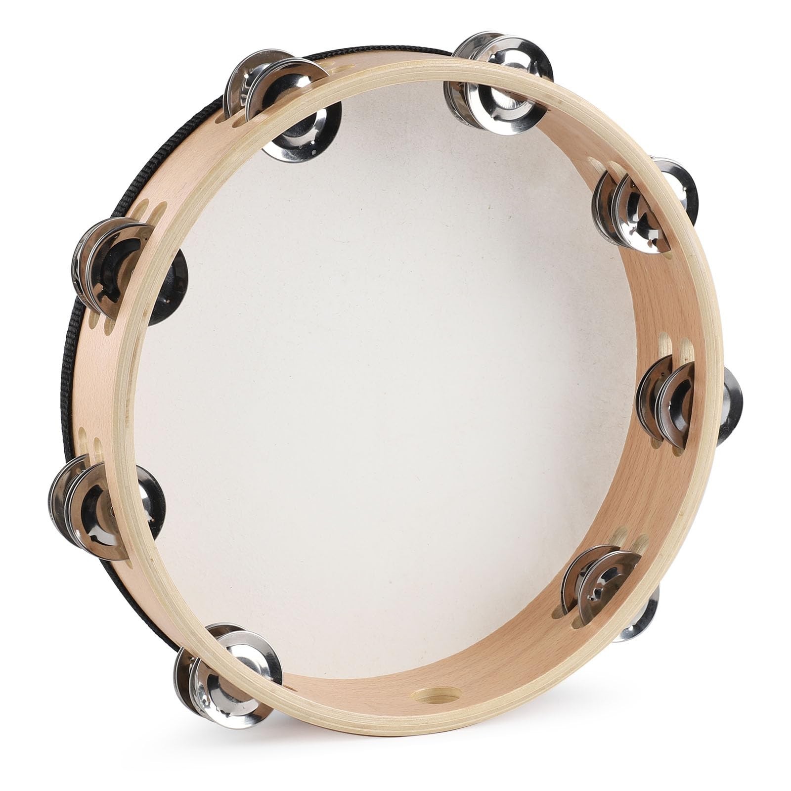 LIEKE Goatskin Tambourine 10 Inch Beechwood Hand Held Drum for Adult with 8 P…