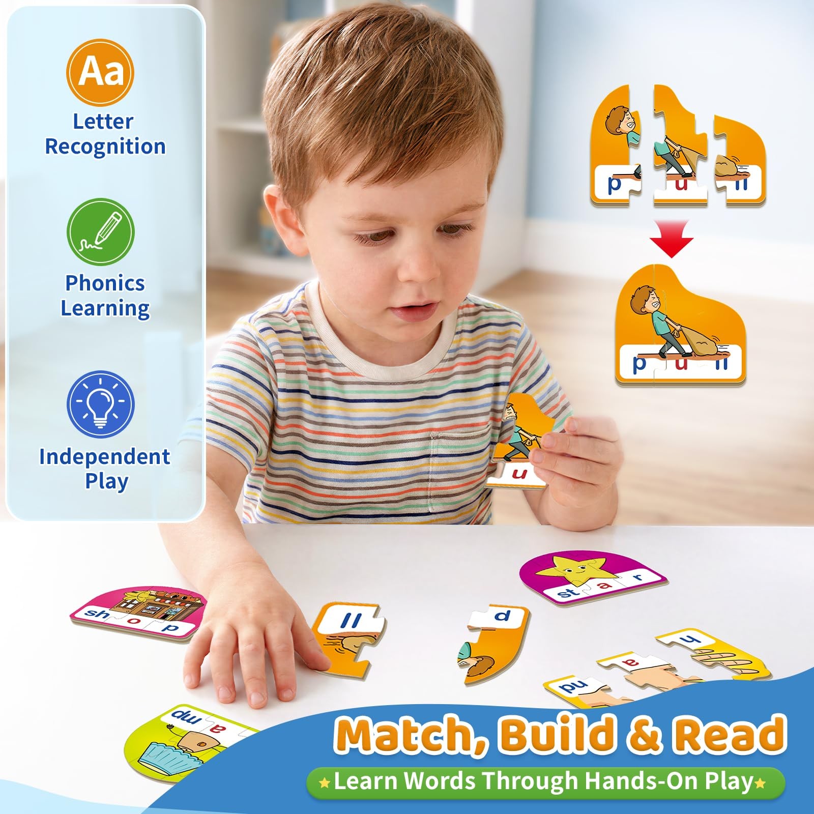 Phonics & Word Puzzle Cards for Kids 3+, 2 in 1 CVC & CVCC Reading and Spelli…