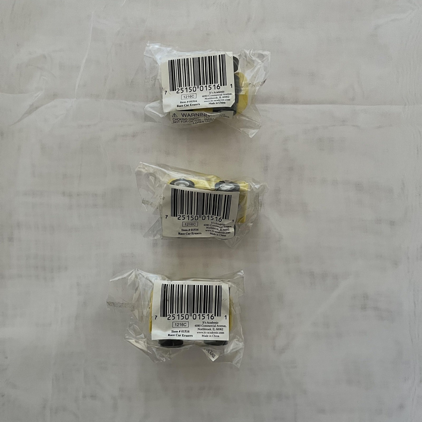 Lot of 3 Vintage Yellow Race Car Shaped Novelty Erasers New Party Kid School Set