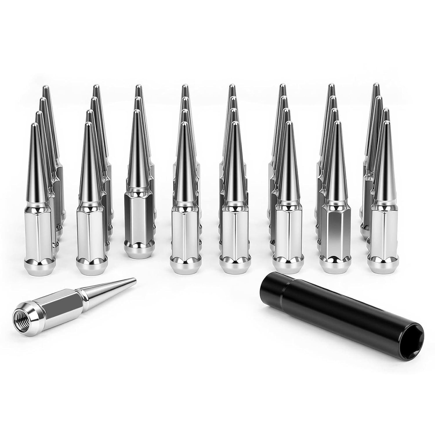 M14x1.5 Spike Lug Nuts Chevy Silverado 6 Lug 24pcs 4.4″ Tall Chrome Spiked Lug