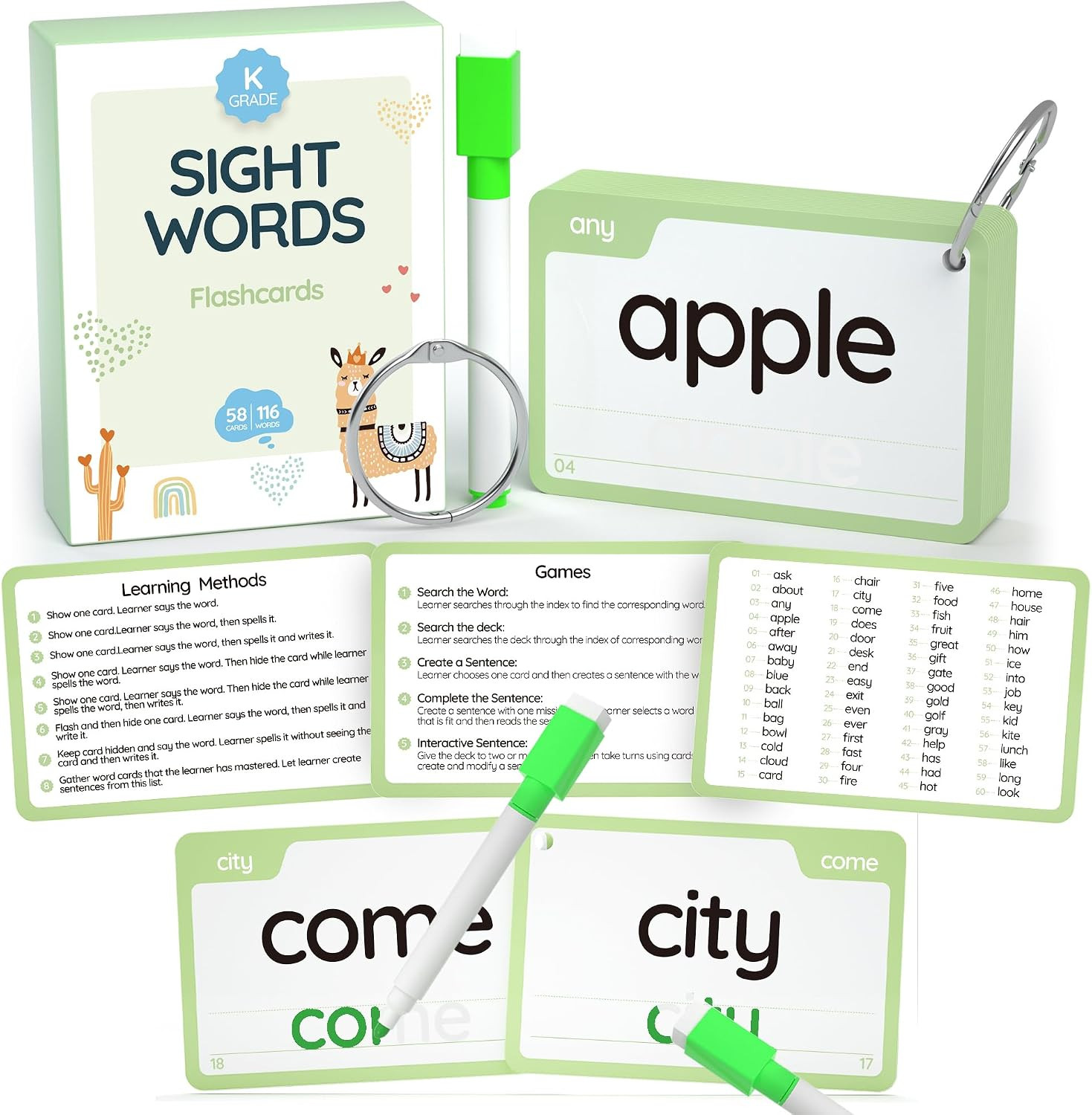58 Cards, 116PCS High Frequency Sight Words Flash Cards (Kindergarten), Phonics
