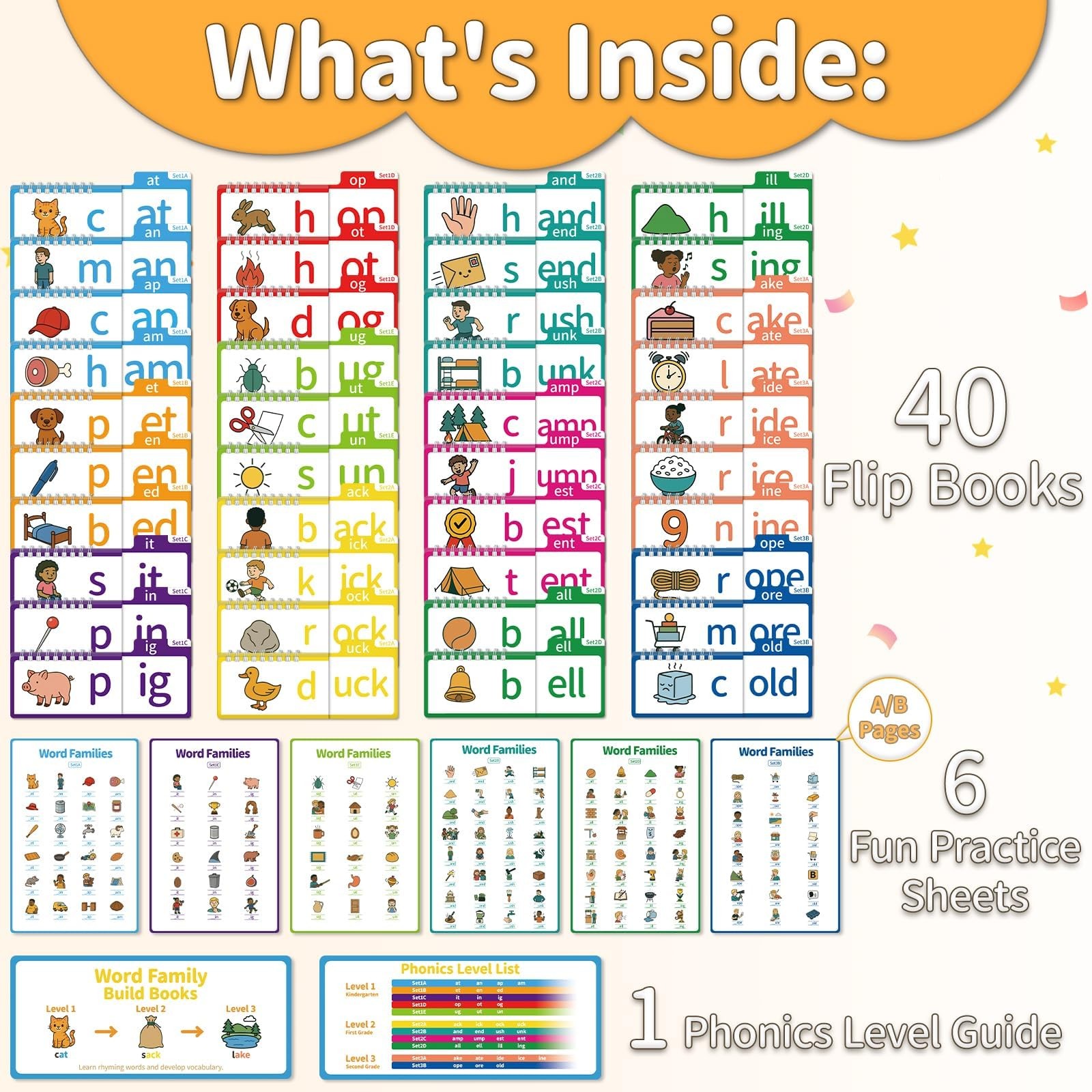 Phonics Flash Cards & Word Family Build Book, 40 Read & Rhyme Flip Books, Lea…